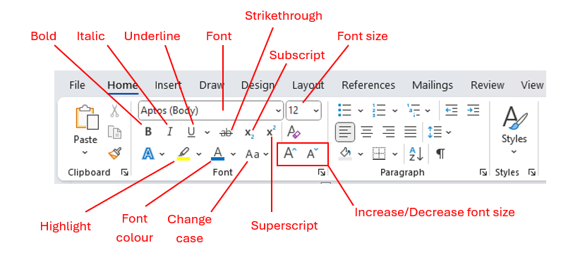 Home Font tools on ribbon in Word
